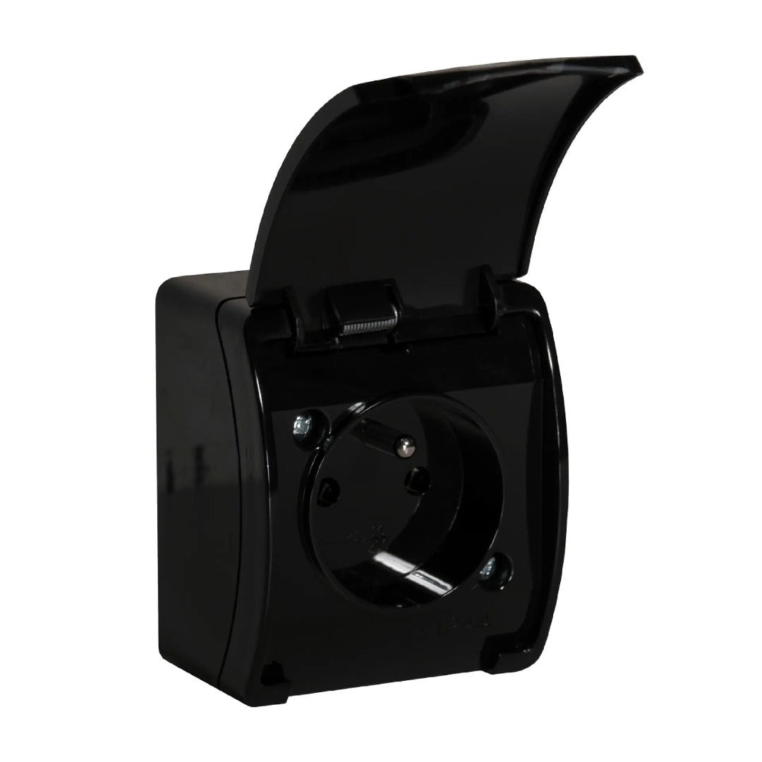 Stopcontact opbouw waterproof - Met penaarde - Zwart Stopcontact opbouw waterproof - Met penaarde - Zwart